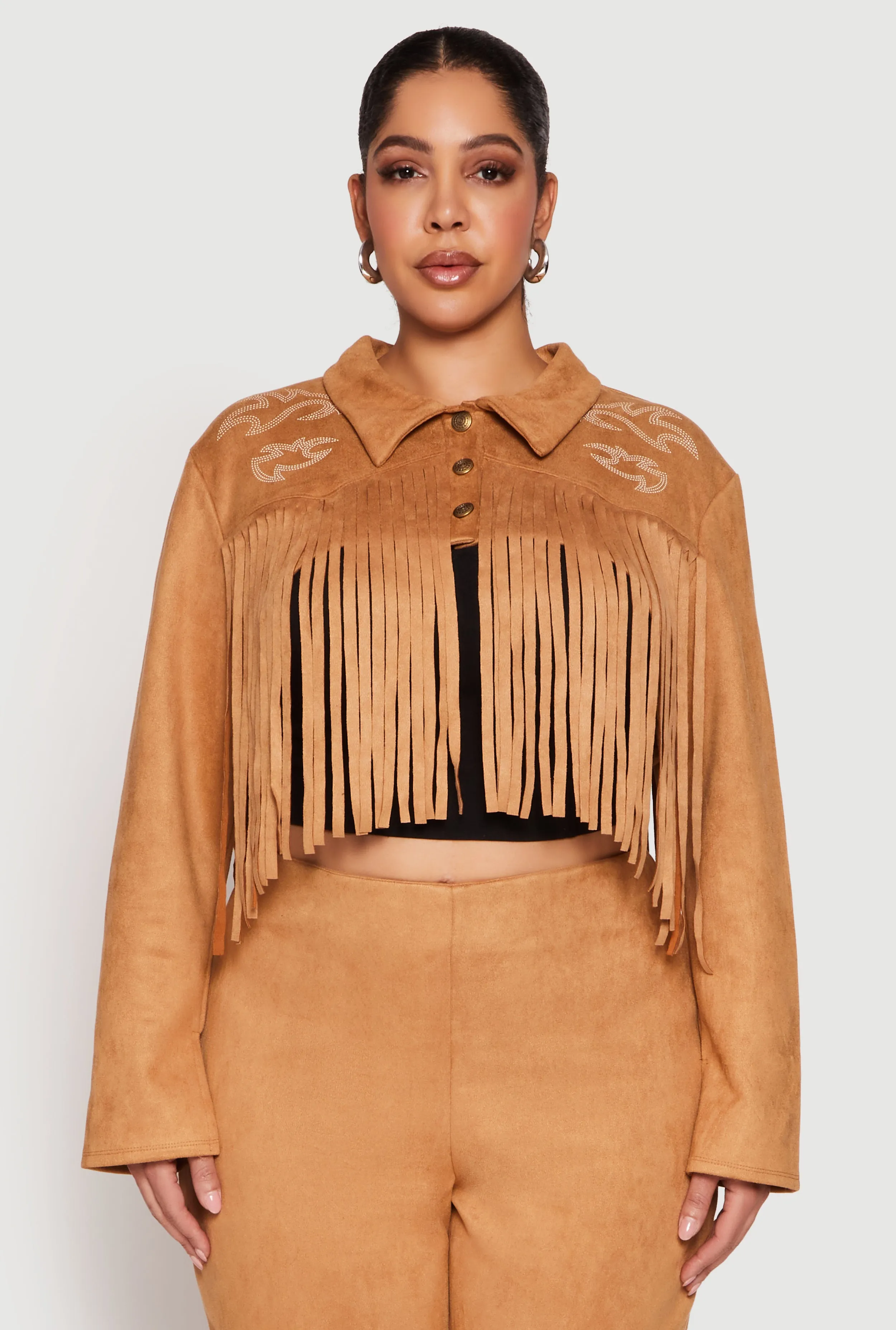 Plus Size Faux Suede Fringe Cropped Jacket sold by Rainbow