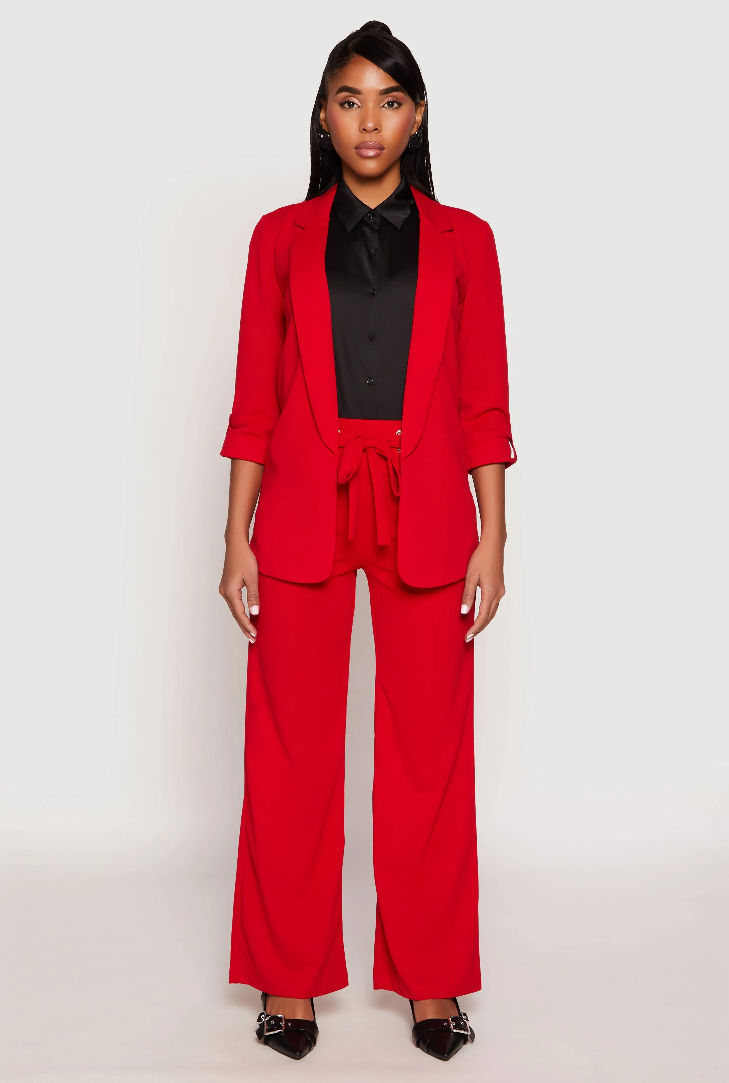 Crepe Knit Belted Front Wide Leg Pants sold by Rainbow