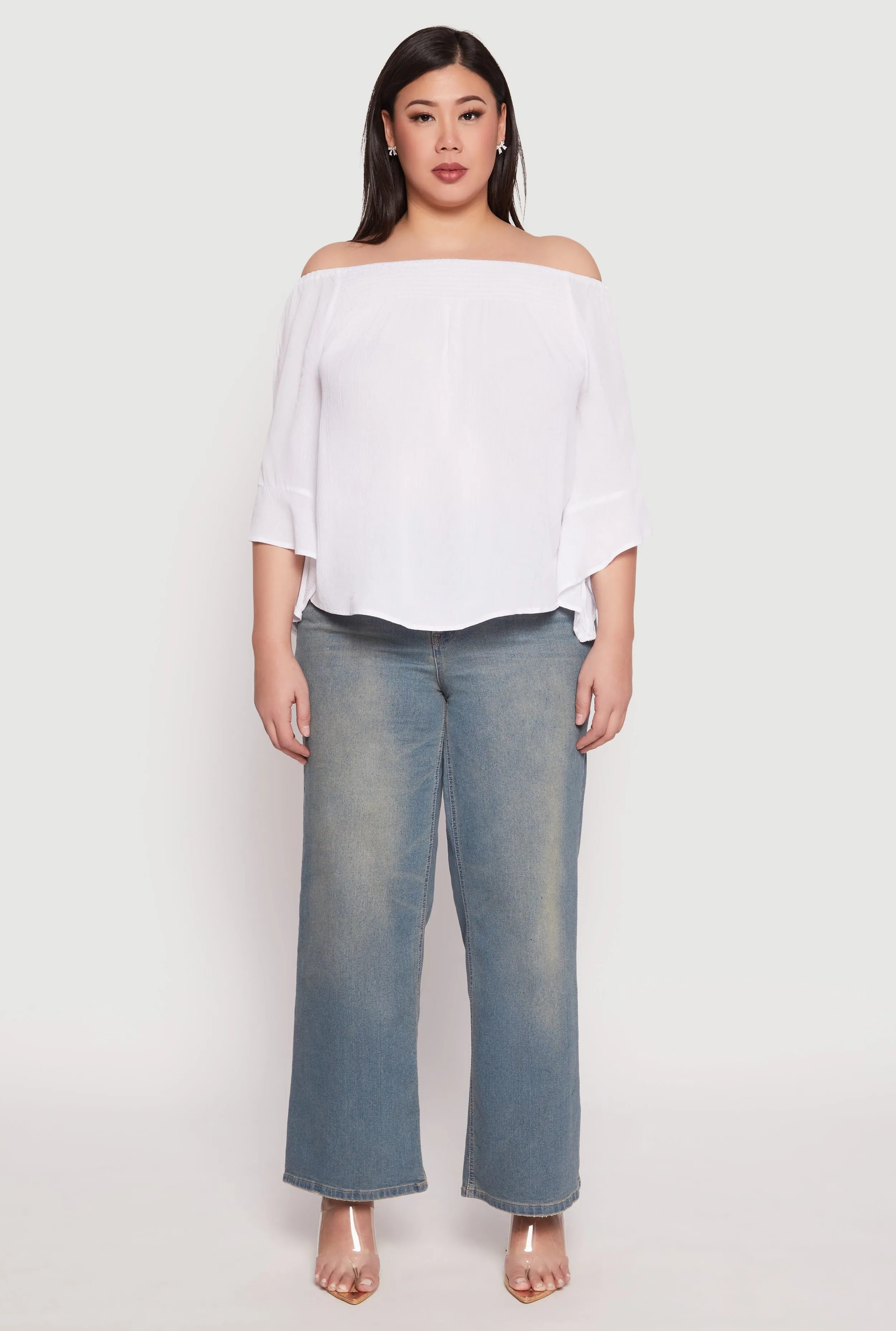 Plus Size Smocked Off the Shoulder Blouse sold by Rainbow