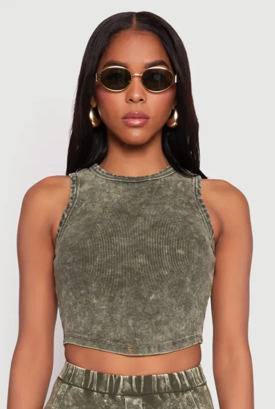 Ribbed Knit Acid Wash Cropped Tank Top sold by Rainbow
