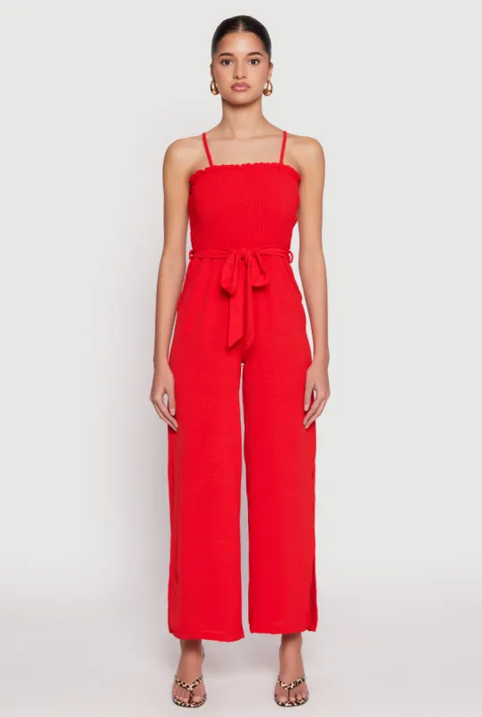 Side Slit Smocked Tie Waist Jumpsuit sold by Rainbow
