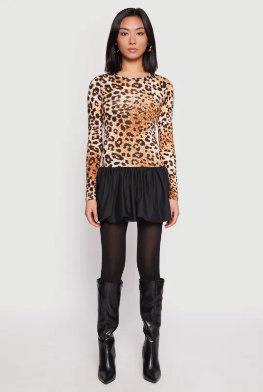 Leopard Print Long Sleeve Bubble Mini Dress sold by Rainbow