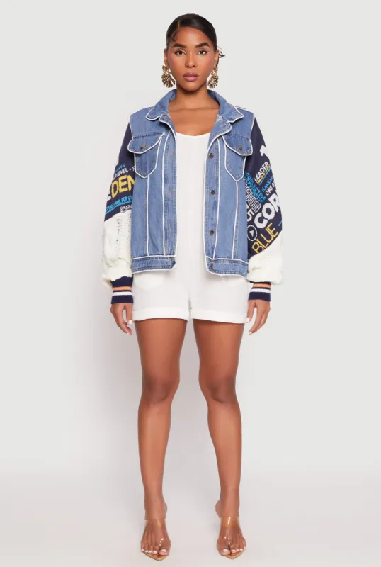 Daisy Cable Knit Graphic Sleeve Denim Jacket sold by Rainbow