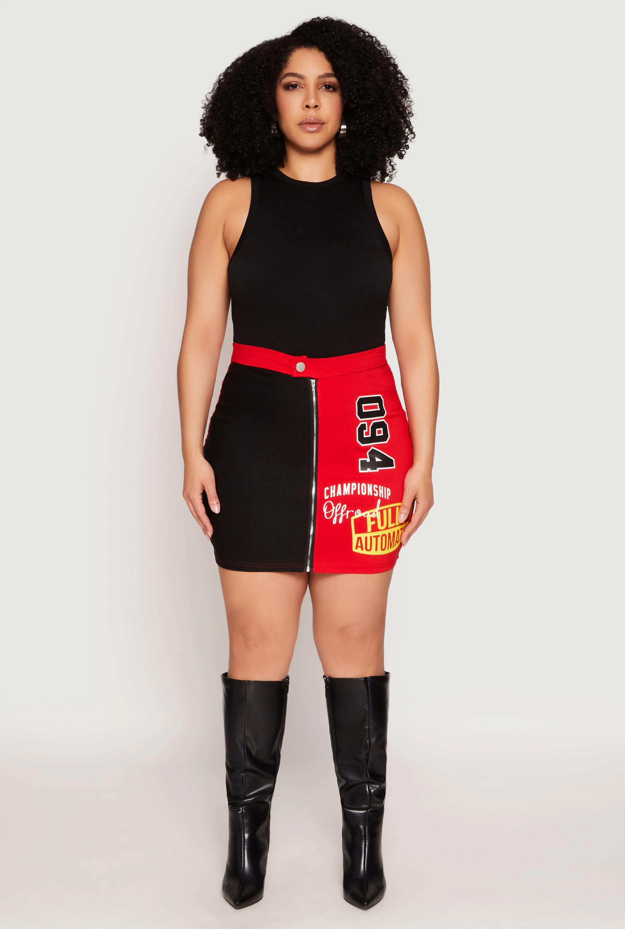 Plus Size Graphic Color Blocked Zip Front Skirt sold by Rainbow