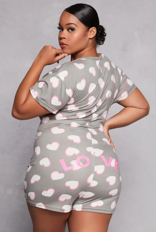 Plus Size Love Heart Print Pajama Romper sold by Rainbow