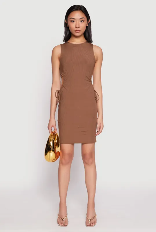 Ribbed Knit Drawstring Side Cut Out Dress sold by Rainbow