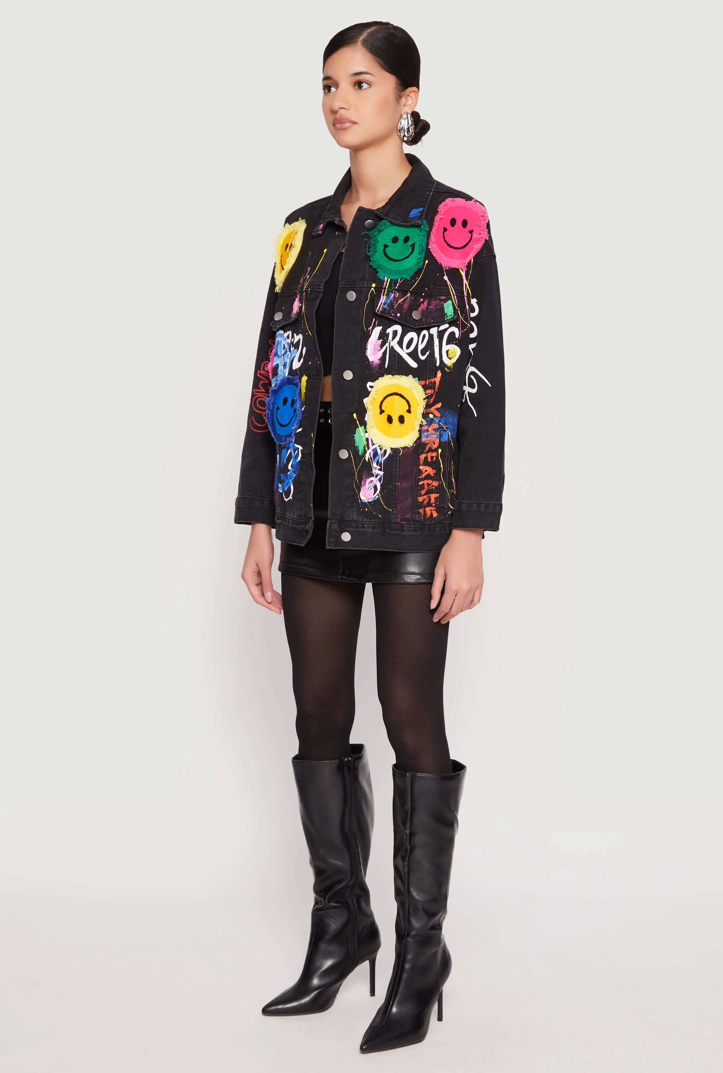 Daisy Smiley Face Patch Graffiti Denim Jacket sold by Rainbow product image thumbnail 3