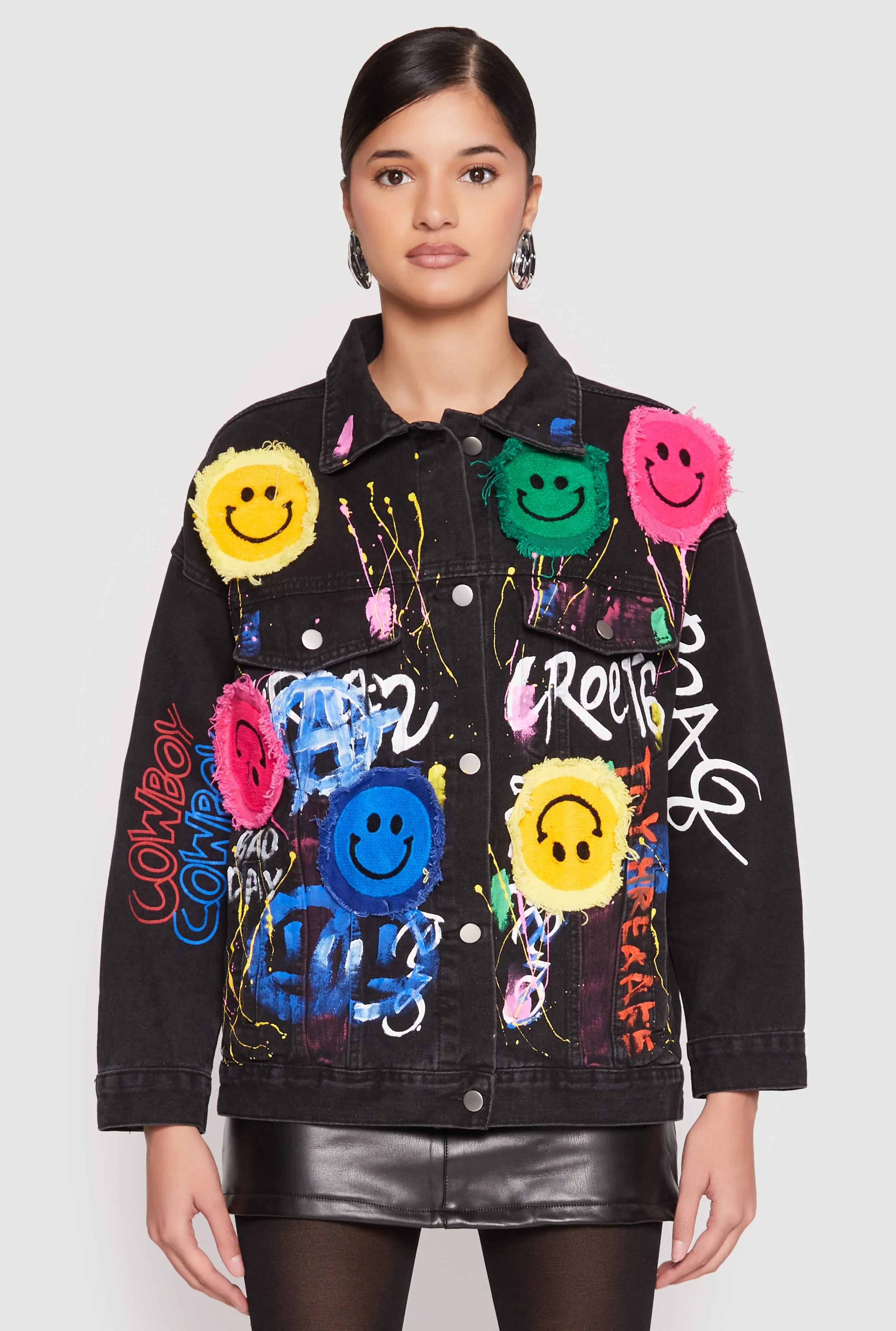 Daisy Smiley Face Patch Graffiti Denim Jacket sold by Rainbow product image thumbnail 2