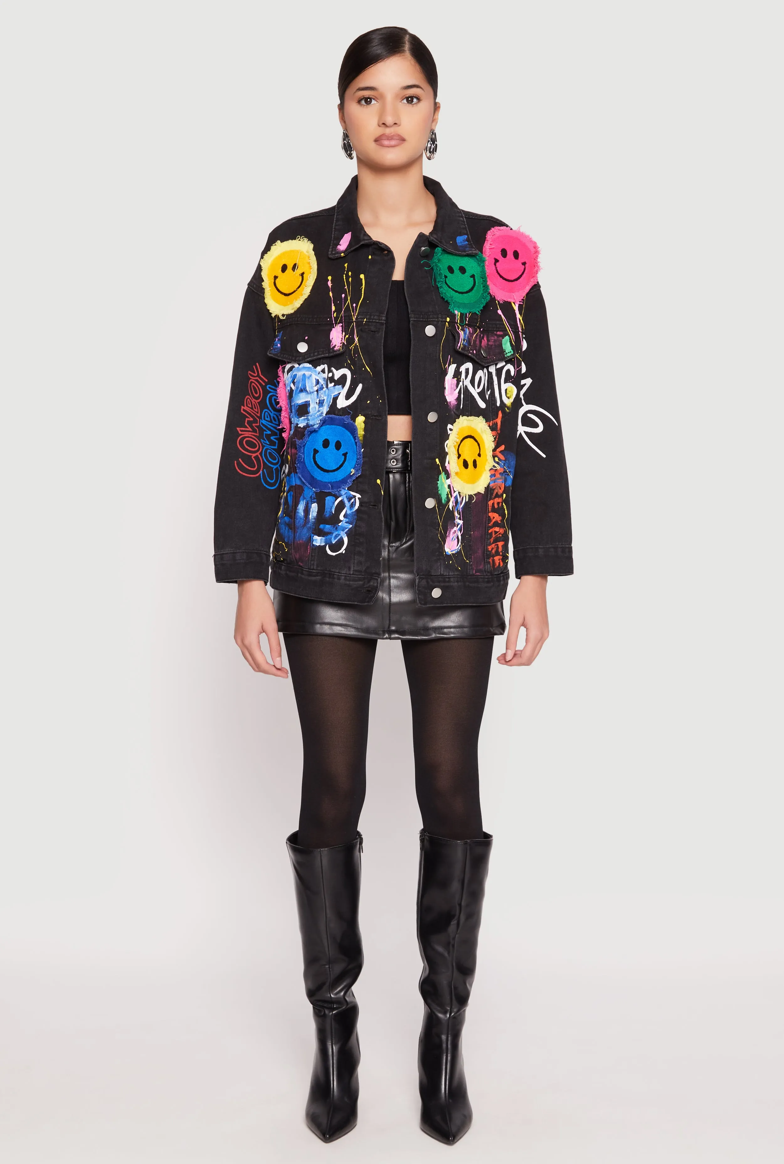 Daisy Smiley Face Patch Graffiti Denim Jacket sold by Rainbow