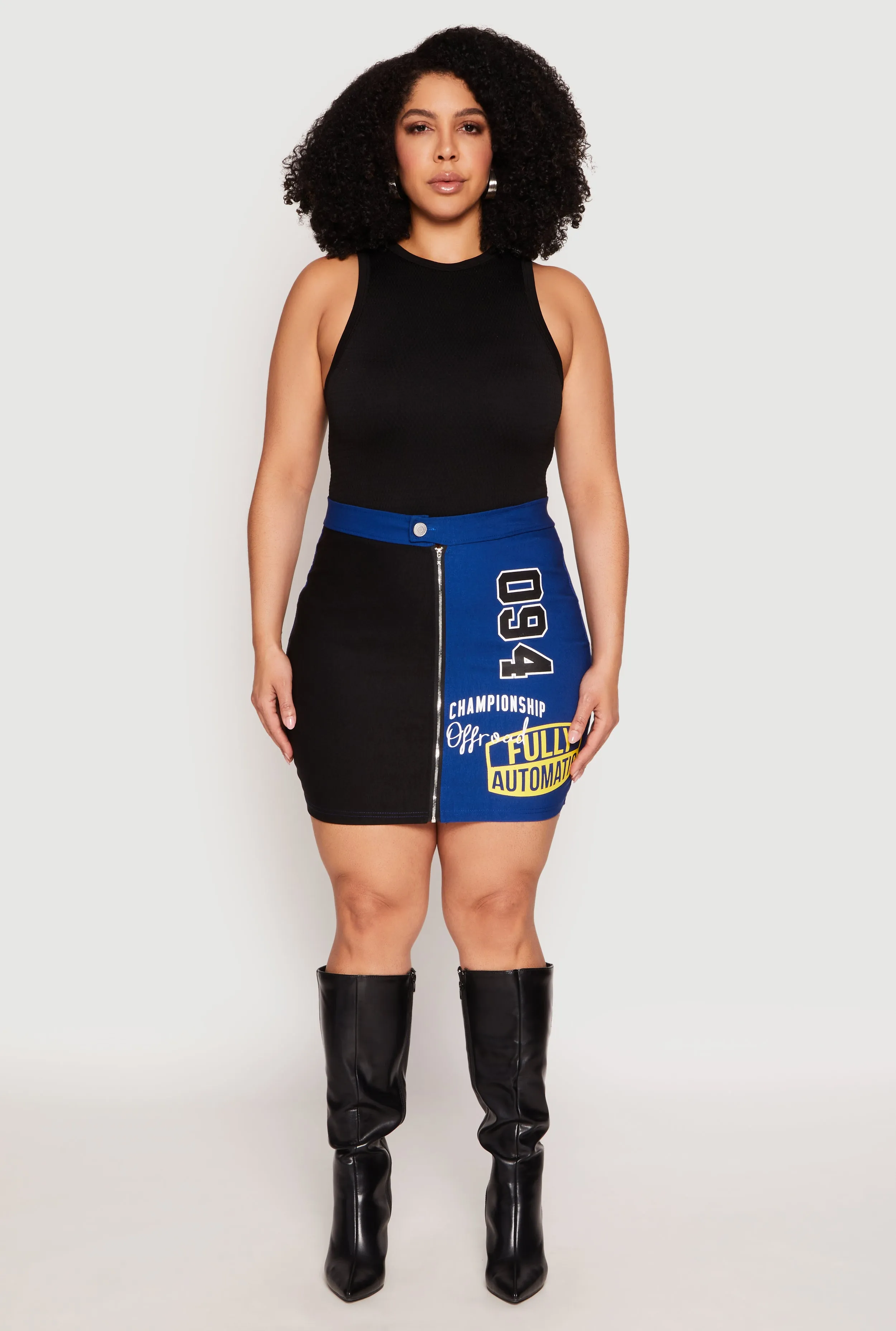 Plus Size Graphic Color Blocked Zip Front Skirt sold by Rainbow
