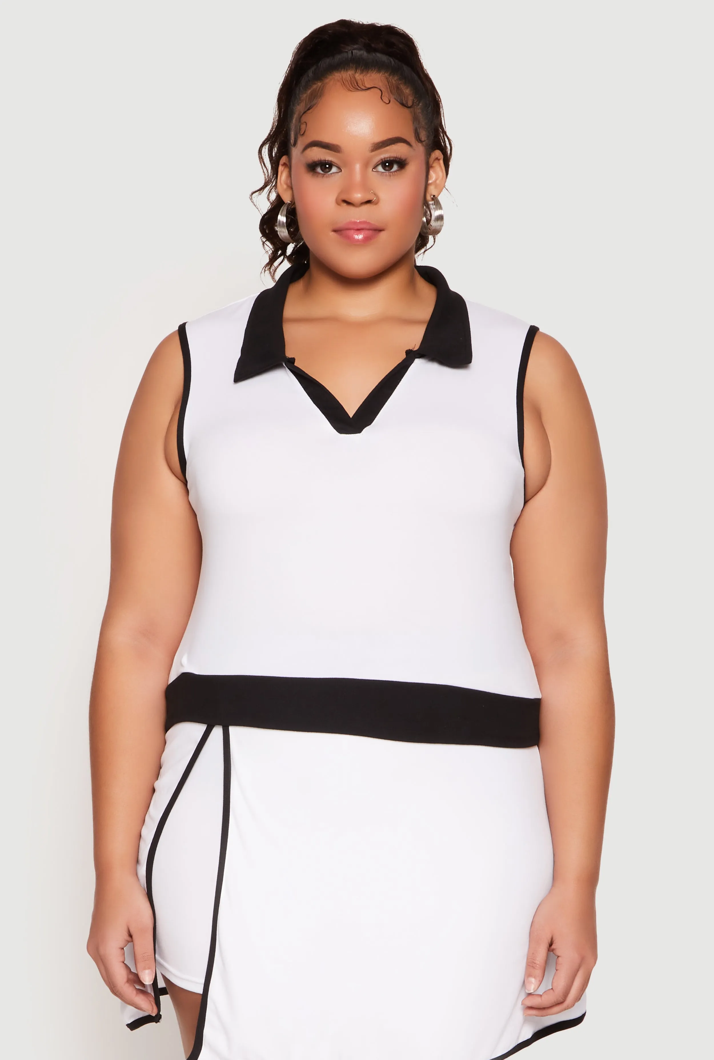 Plus Size Contrast Trim Johnny Collar Sleeveless Top sold by Rainbow