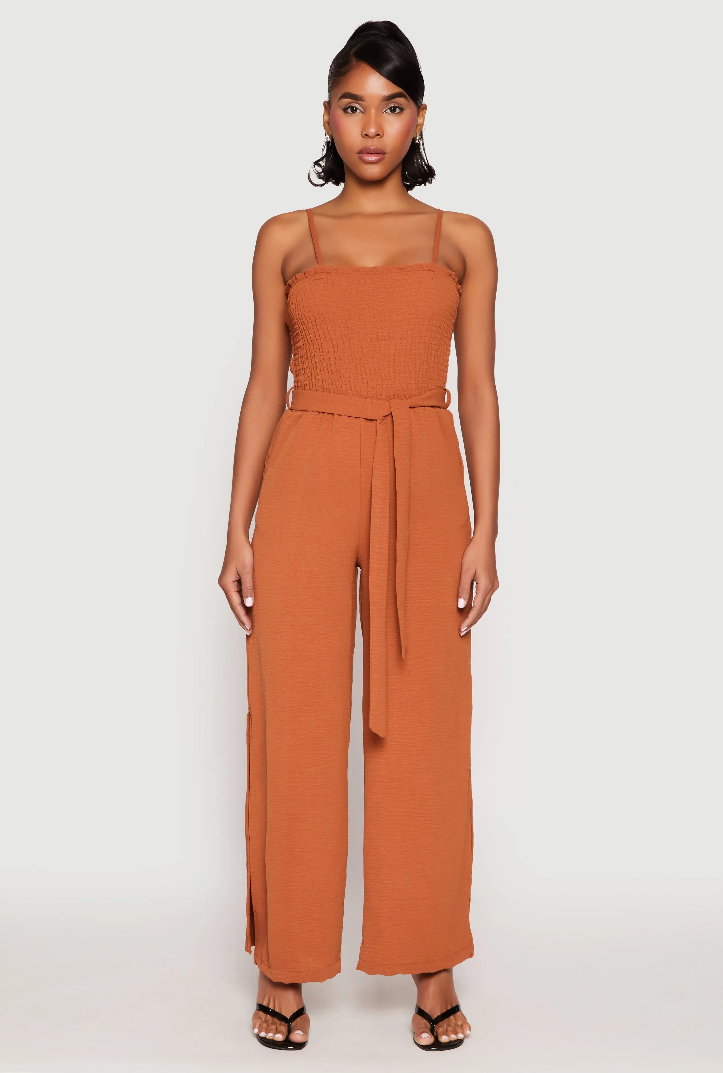 Side Slit Smocked Tie Waist Jumpsuit sold by Rainbow