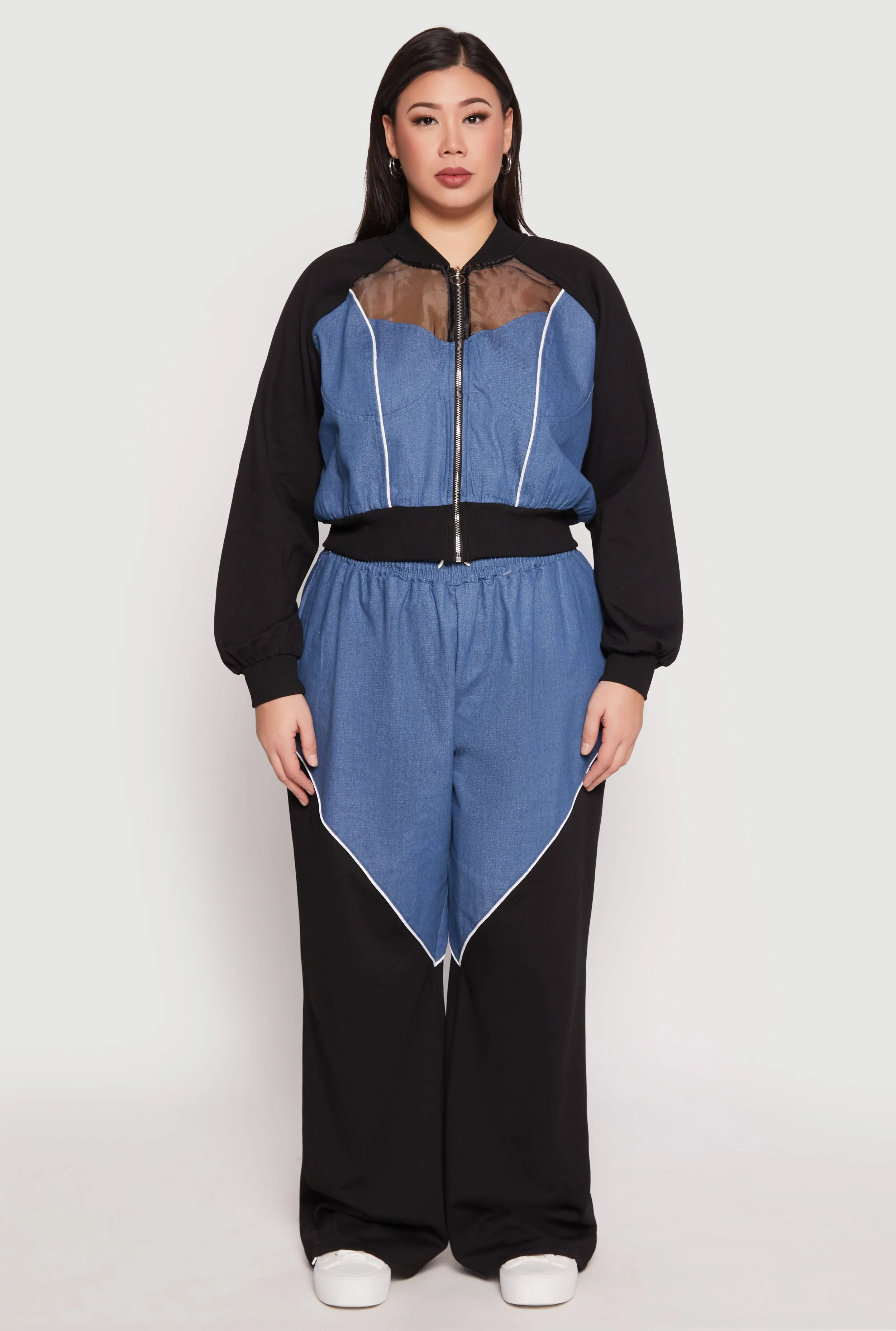 Plus Size Denim Color Block Bomber Jacket sold by Rainbow product image thumbnail 2