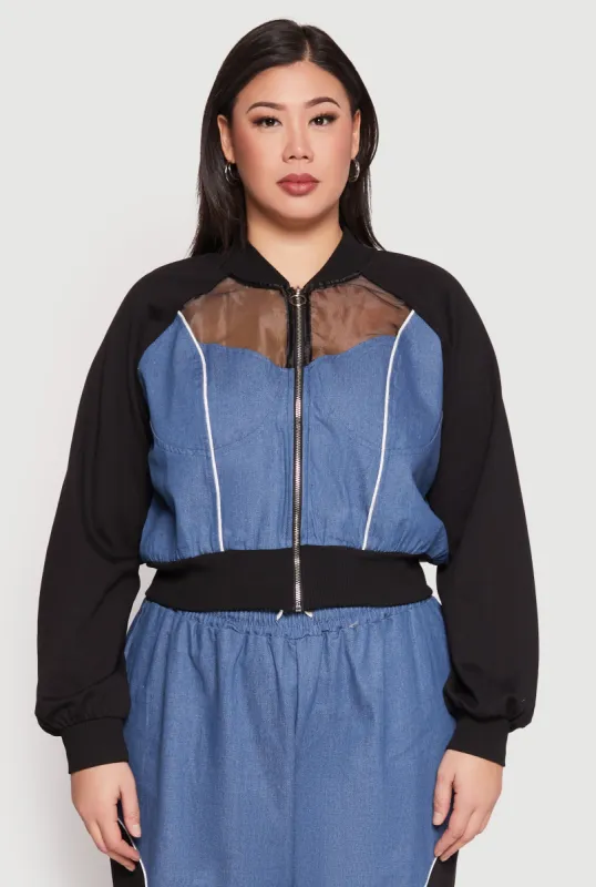 Plus Size Denim Color Block Bomber Jacket sold by Rainbow