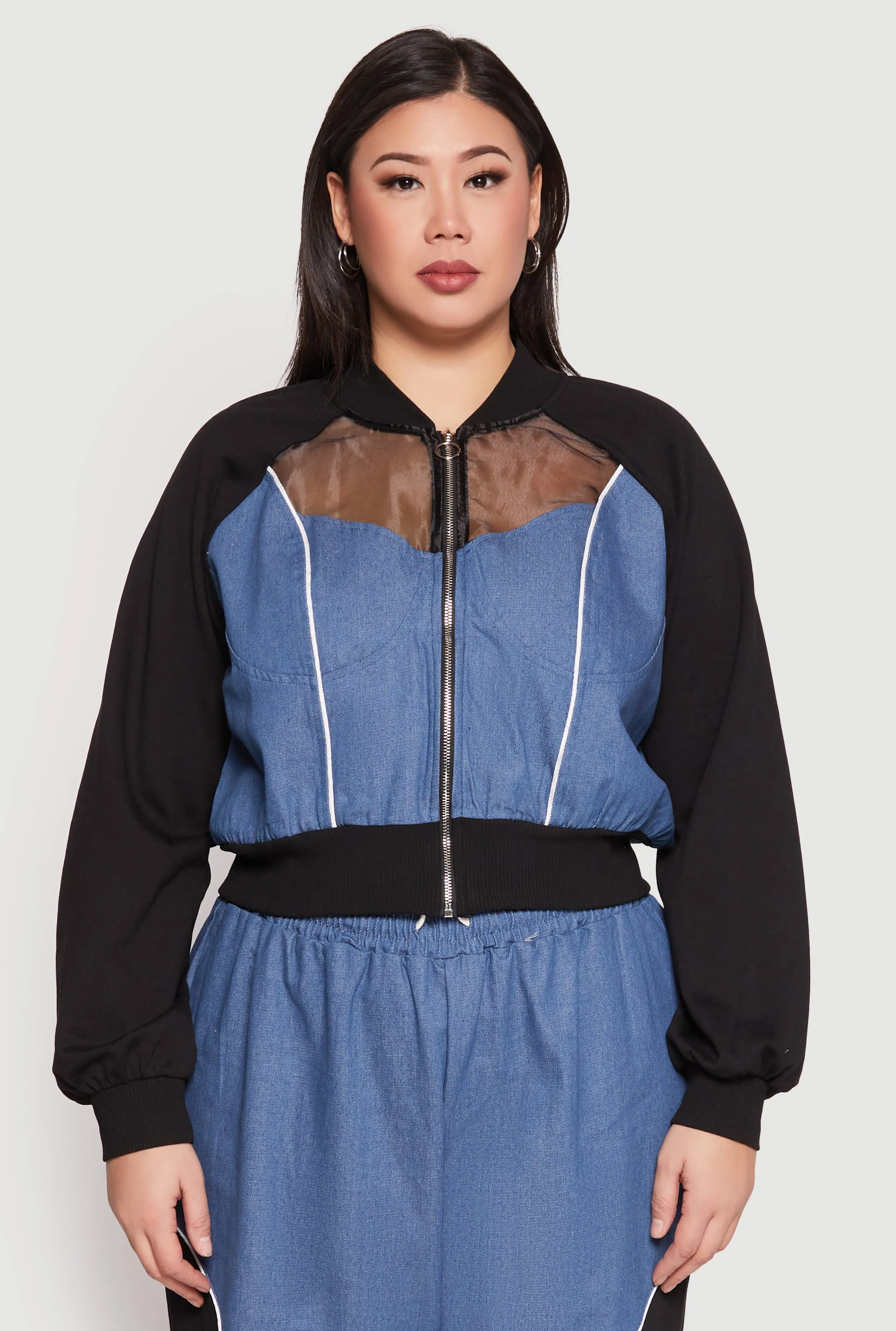 Plus Size Denim Color Block Bomber Jacket sold by Rainbow