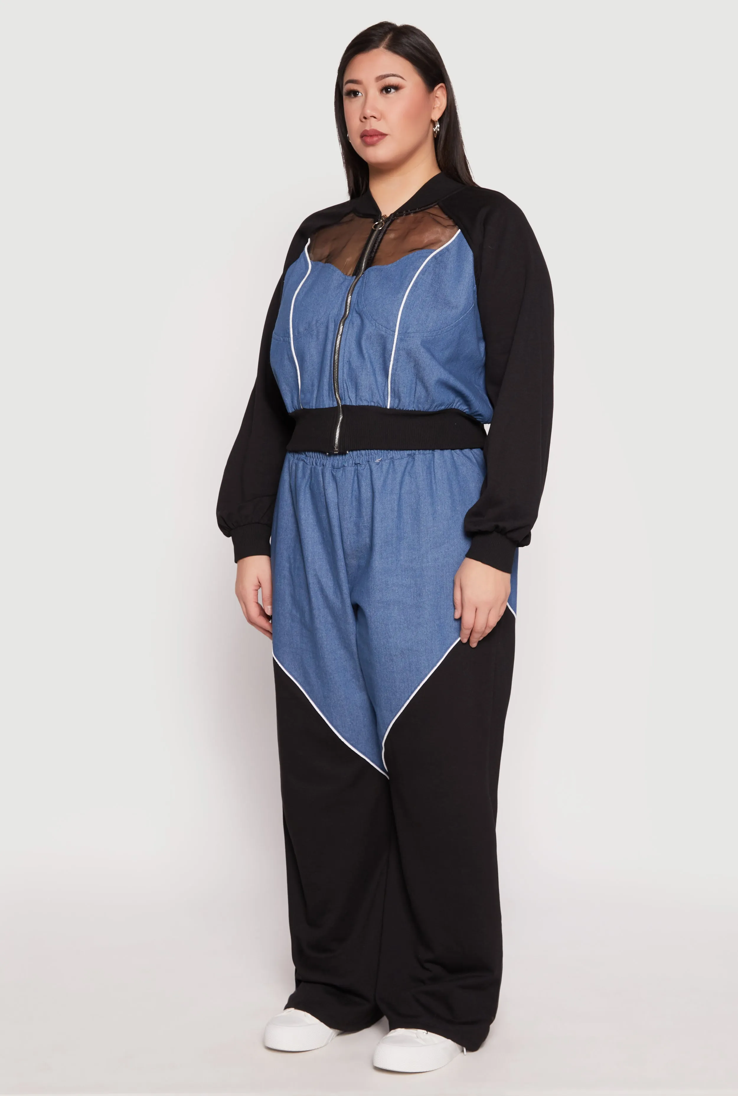 Plus Size Denim Color Block Bomber Jacket sold by Rainbow product image thumbnail 3