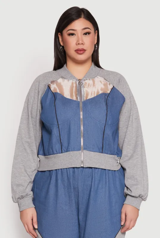 Plus Size Denim Color Block Bomber Jacket sold by Rainbow