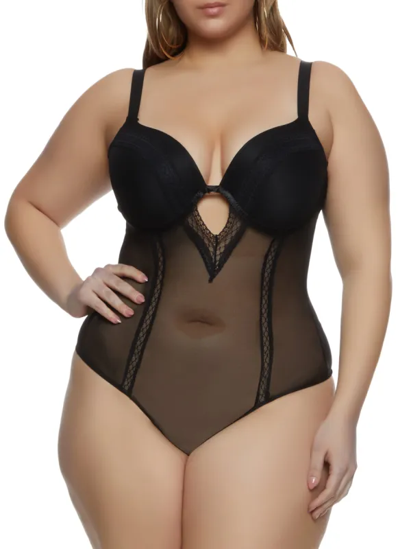 Plus Size Mesh Detail Lace Trim Keyhole Bodysuit sold by Rainbow
