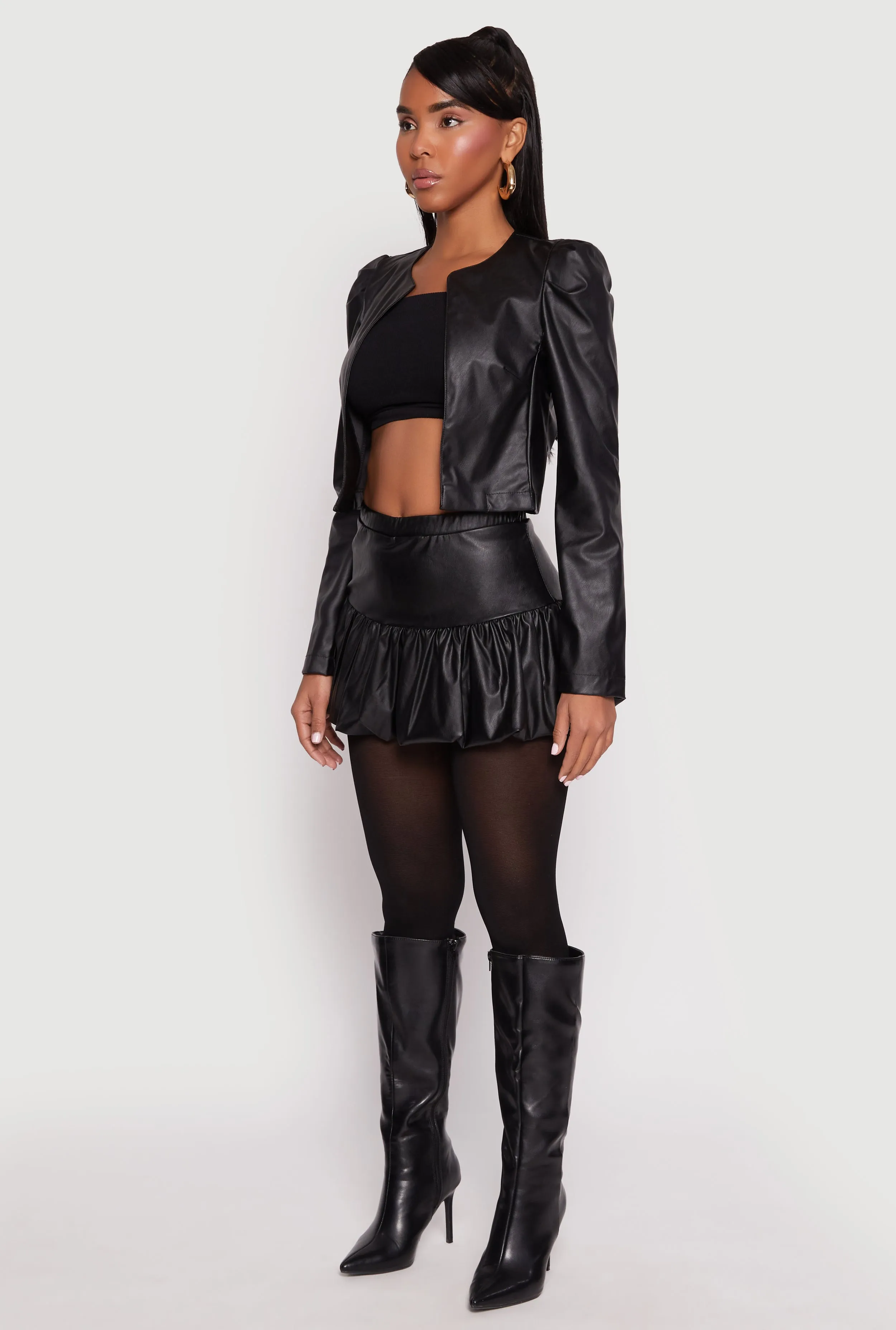 Faux Leather Puff Sleeve Cropped Jacket sold by Rainbow product image thumbnail 3