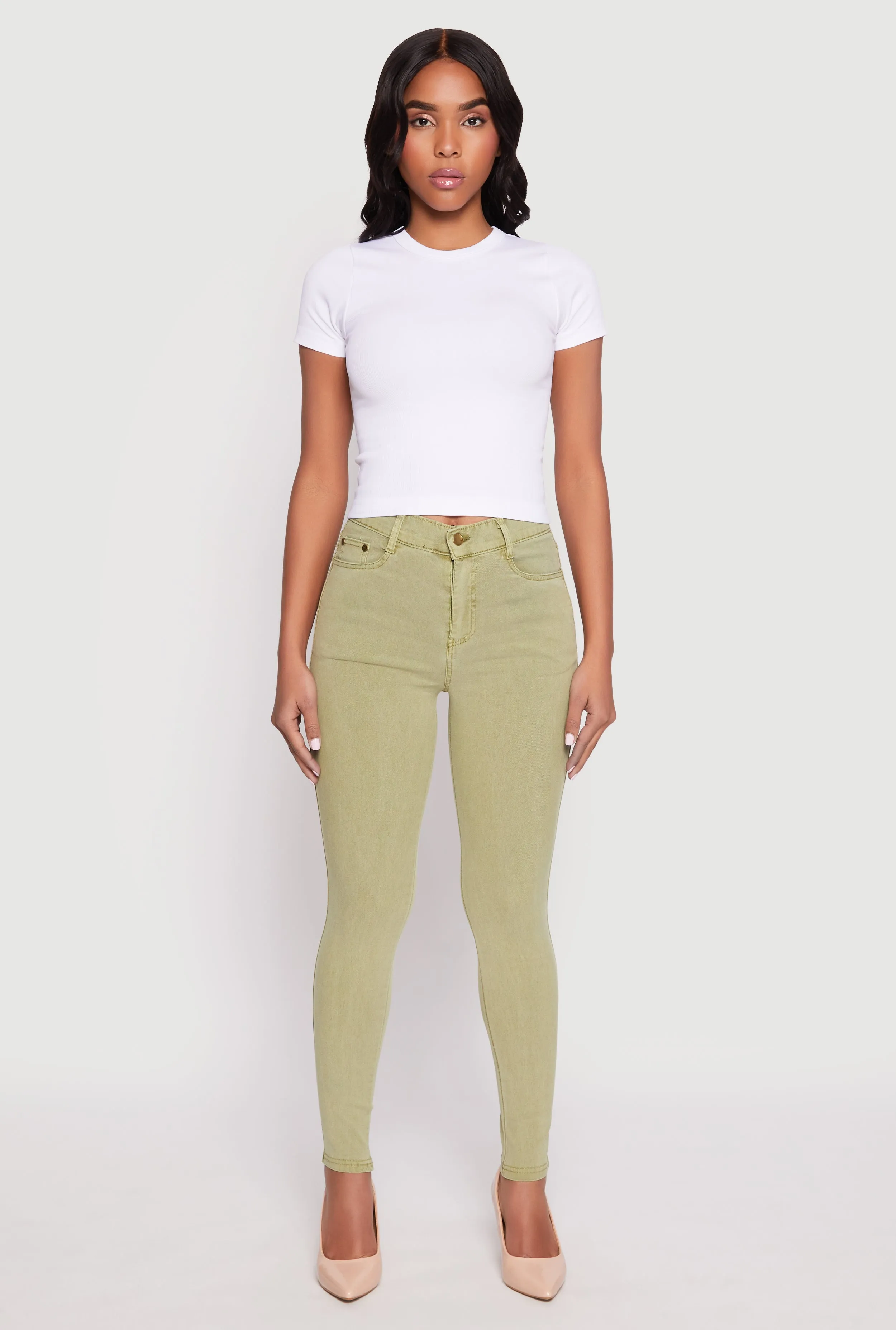 Acid Wash Twill Skinny Leg Pants sold by Rainbow