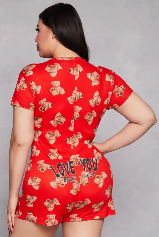 Plus Size Love You Beary Much Pajama Romper sold by Rainbow
