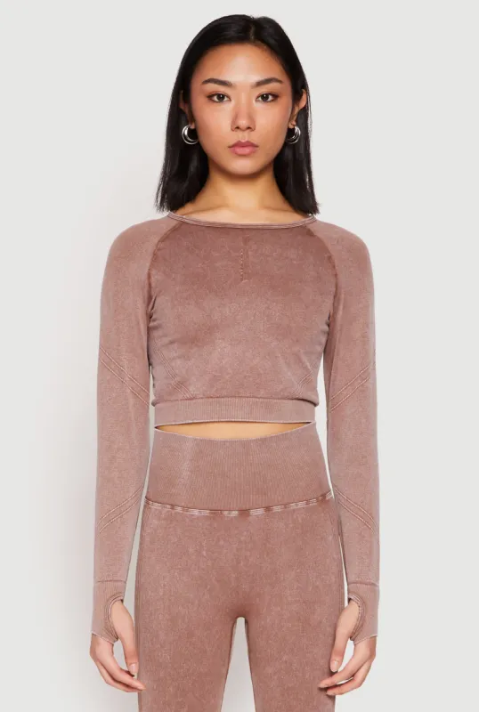 Daisy Seamless Acid Wash Long Sleeve Crop Top sold by Rainbow