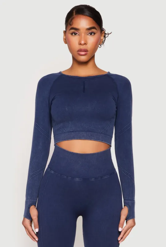 Daisy Seamless Acid Wash Long Sleeve Crop Top sold by Rainbow