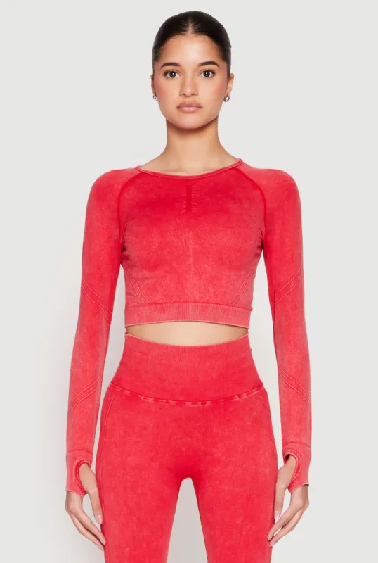 Daisy Seamless Acid Wash Long Sleeve Crop Top sold by Rainbow