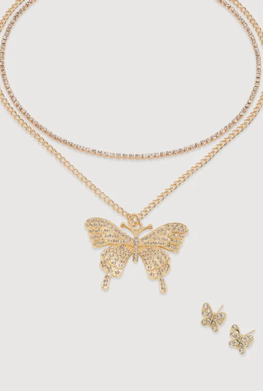 Butterfly Cubic Zirconia Layered Necklace and Earrings Set sold by Rainbow