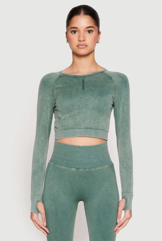 Daisy Seamless Acid Wash Long Sleeve Crop Top sold by Rainbow