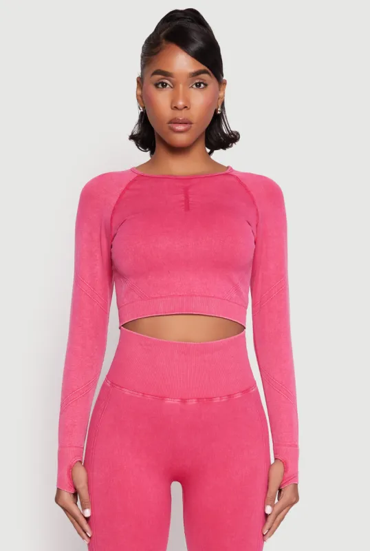 Daisy Seamless Acid Wash Long Sleeve Crop Top sold by Rainbow