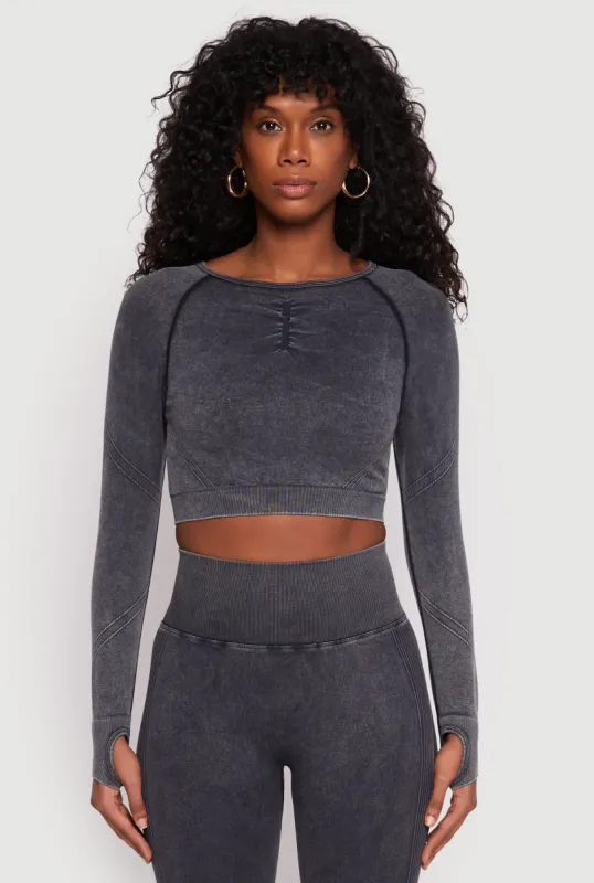 Daisy Seamless Acid Wash Long Sleeve Crop Top sold by Rainbow