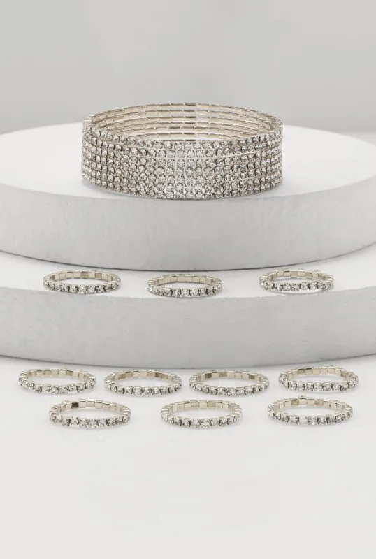 Layered Rhinestone Bracelet and Rings Set sold by Rainbow