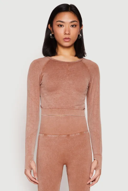 Daisy Seamless Acid Wash Long Sleeve Crop Top sold by Rainbow