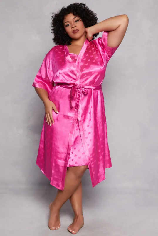 Plus Size Heart Print Satin Nightgown with Robe sold by Rainbow
