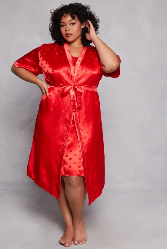 Plus Size Heart Print Satin Nightgown with Robe sold by Rainbow