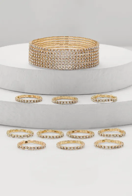 Layered Rhinestone Bracelet and Rings Set sold by Rainbow