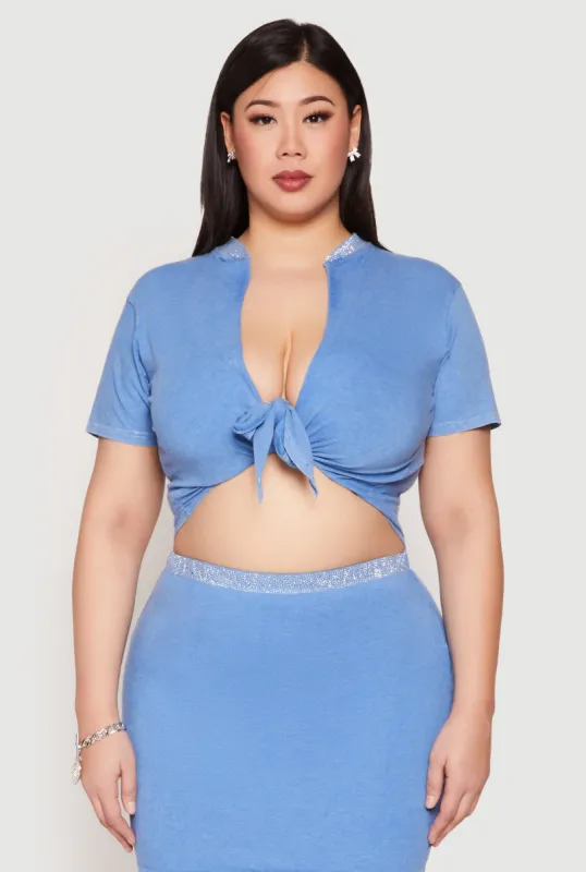 Plus Size Rhinestone Collar Tie Front Top sold by Rainbow