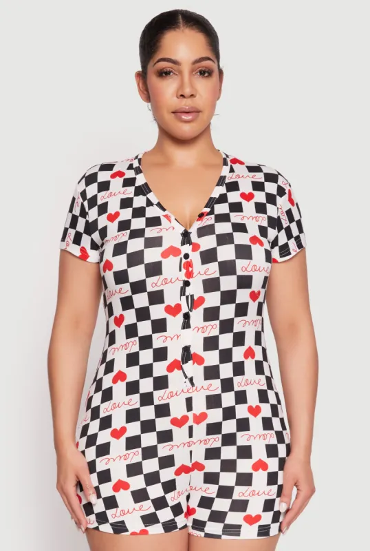 Plus Size Love Heart Checkered Print Pajama Romper sold by Rainbow