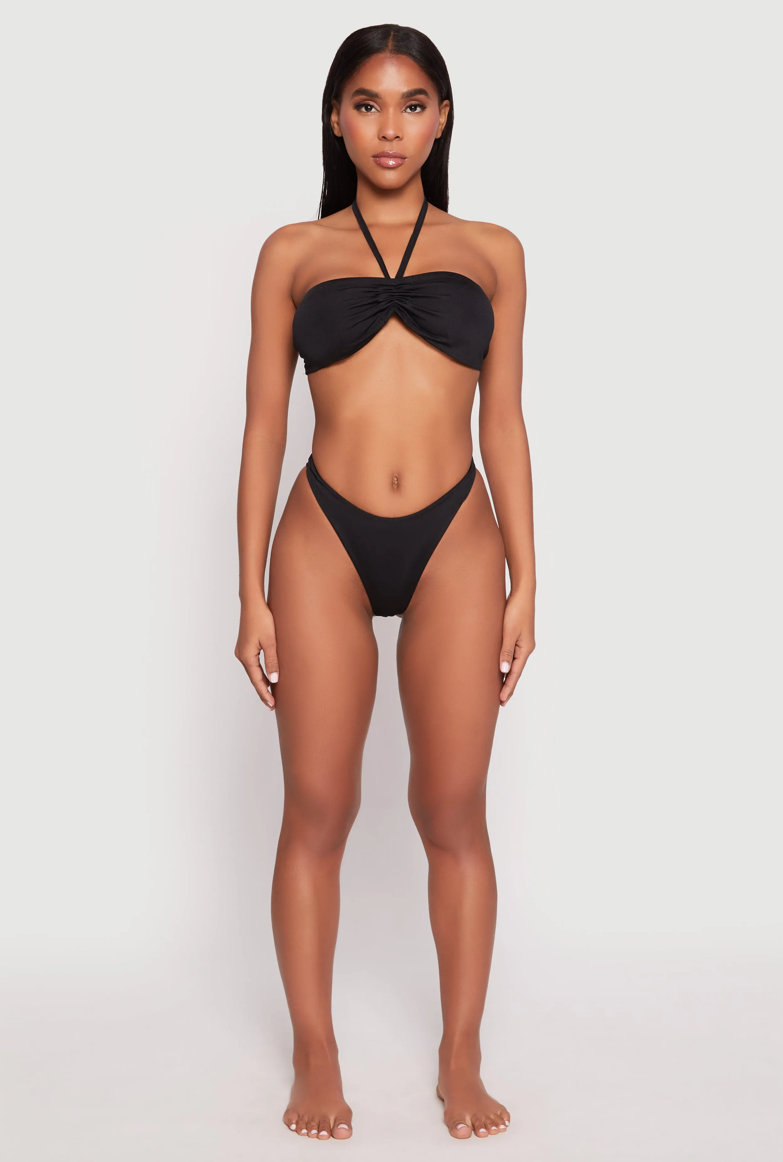 Ruched Halter Tie Back Bikini Top and High Cut Bikini Bottoms sold by Rainbow