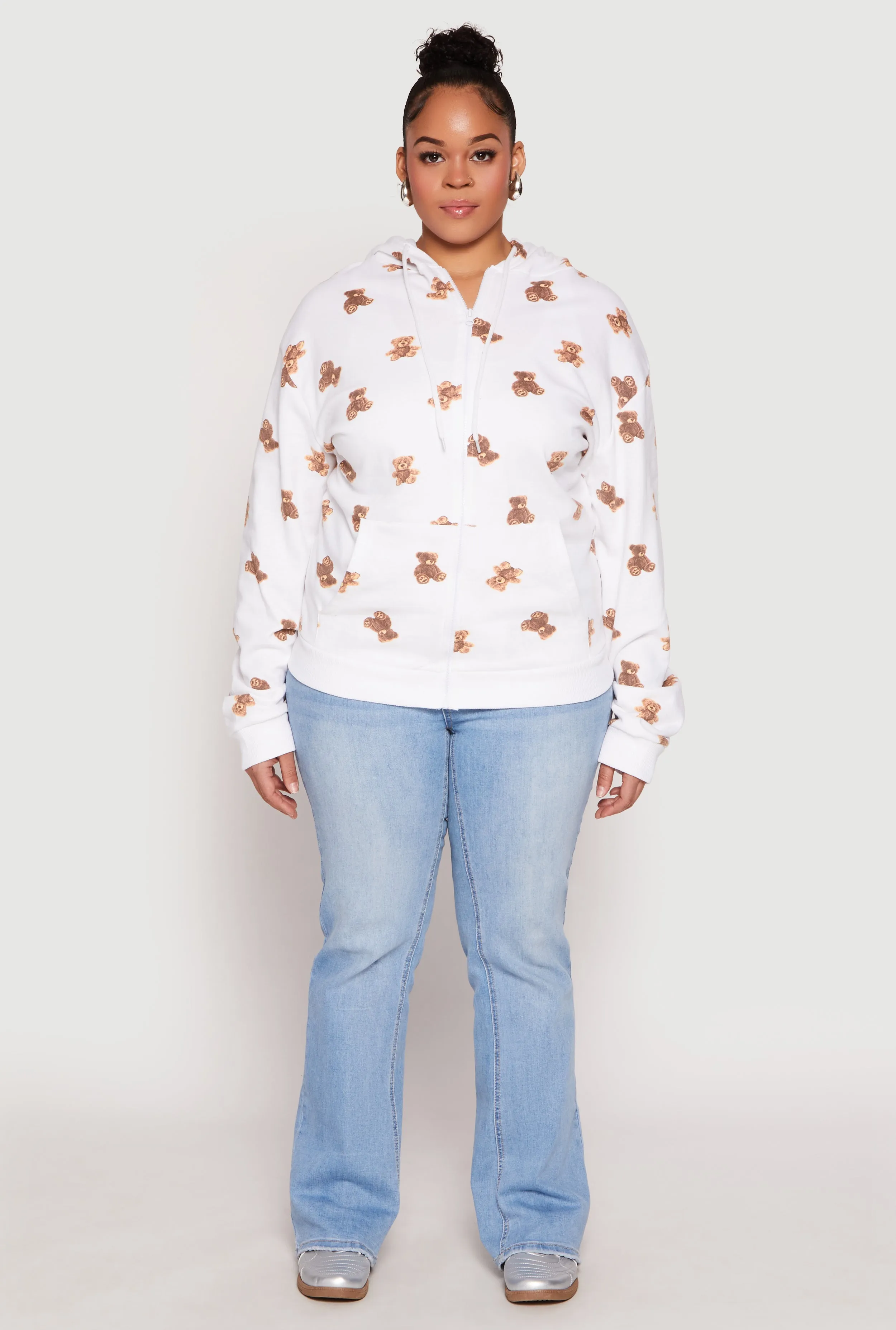 Plus Size Teddy Bear Print Zip Front Hoodie sold by Rainbow