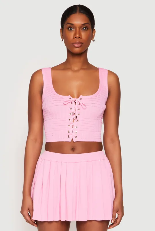 Textured Knit Pointelle Lace Up Crop Top sold by Rainbow