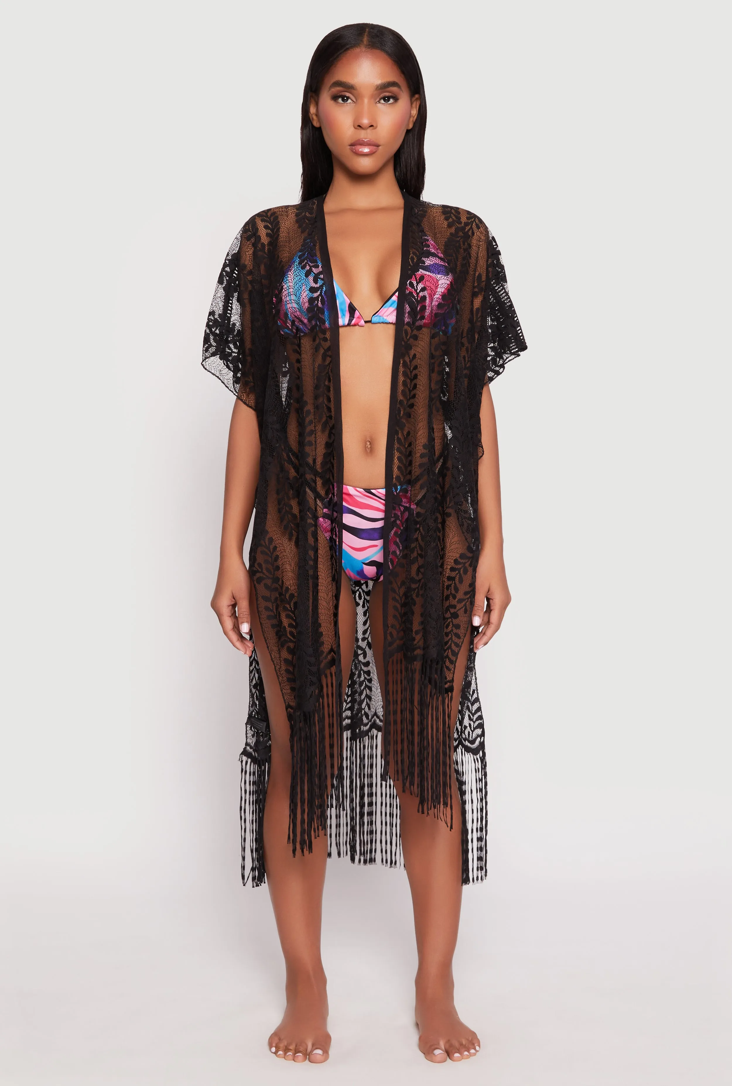 Fringe Trim Lace Cover Up Kimono sold by Rainbow