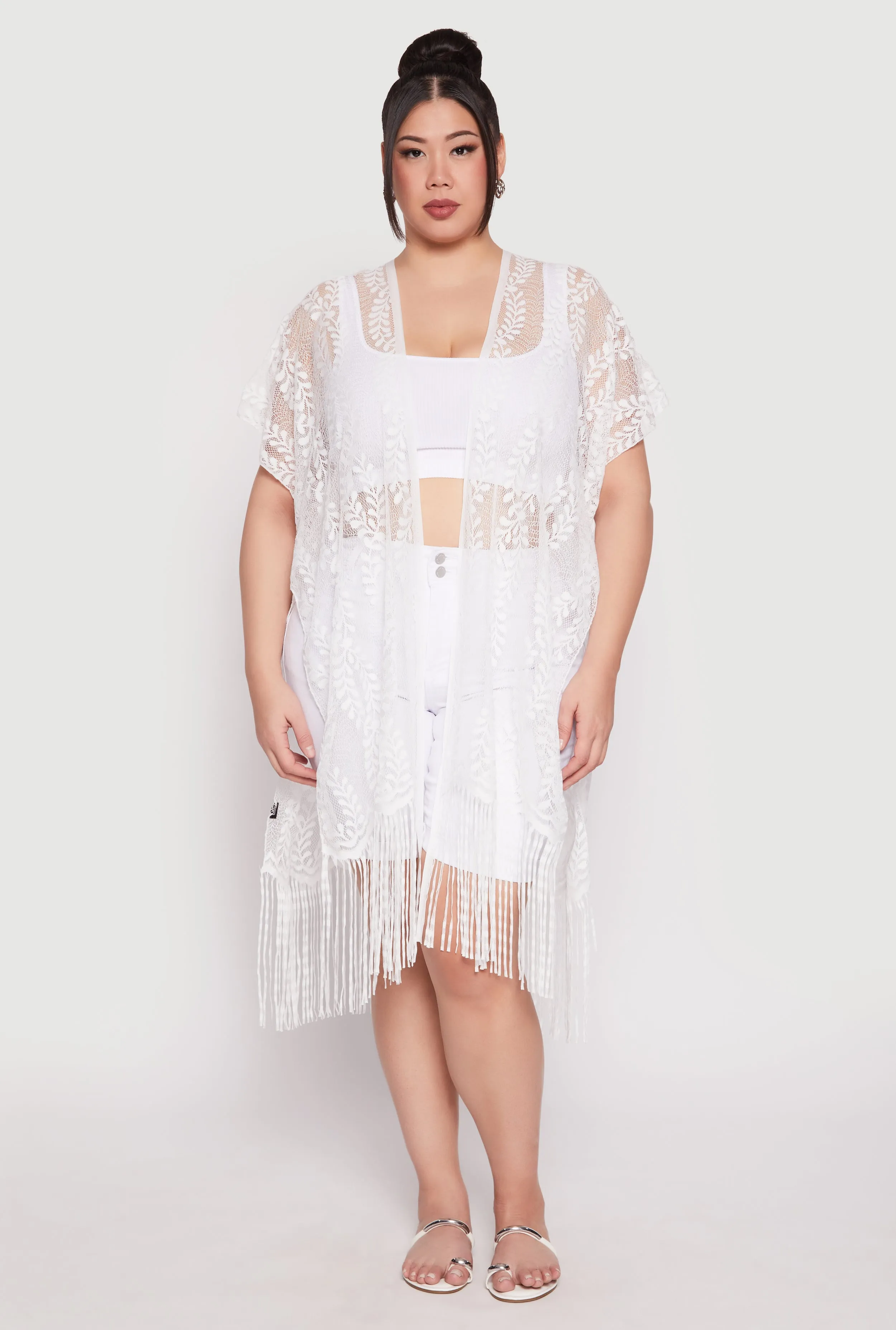 Fringe Trim Lace Cover Up Kimono sold by Rainbow