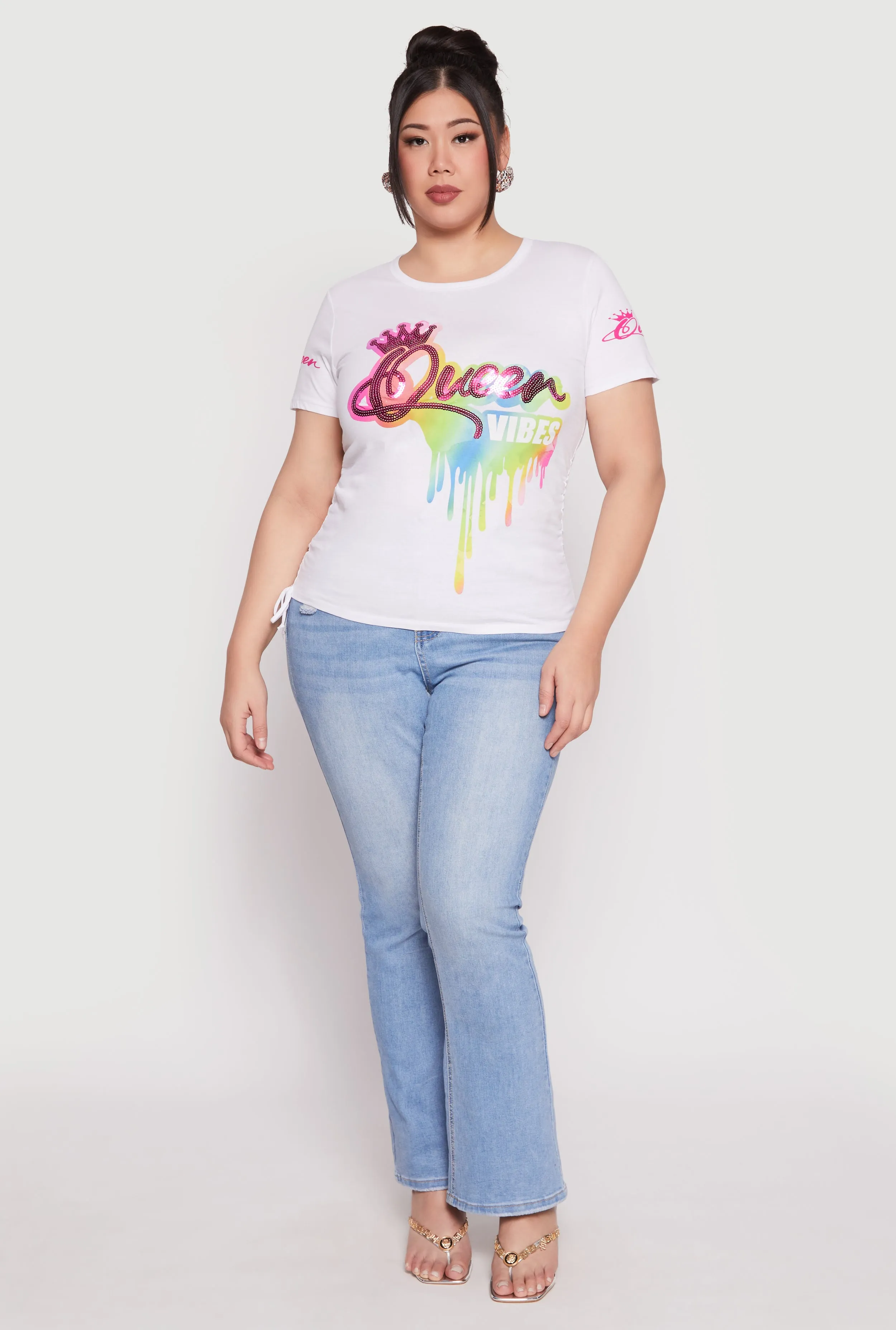 Plus Size Sequin Queen Vibes Graphic Tee sold by Rainbow