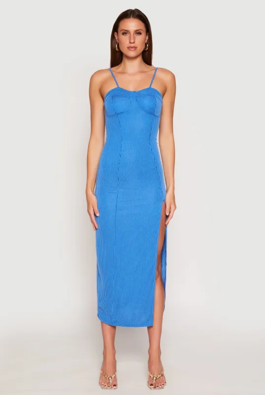 Ribbed Knit Side Slit Bustier Maxi Dress sold by Rainbow
