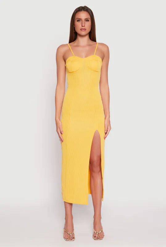 Ribbed Knit Side Slit Bustier Maxi Dress sold by Rainbow