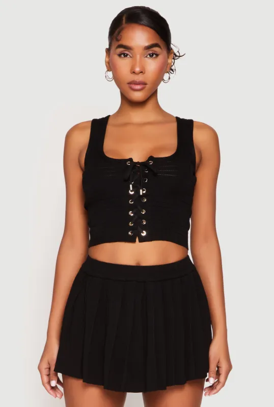 Textured Knit Pointelle Lace Up Crop Top sold by Rainbow