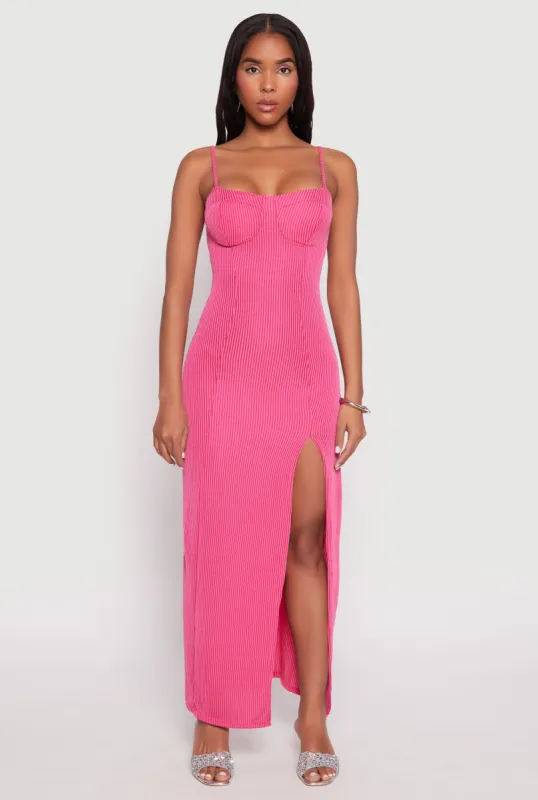 Ribbed Knit Side Slit Bustier Maxi Dress sold by Rainbow