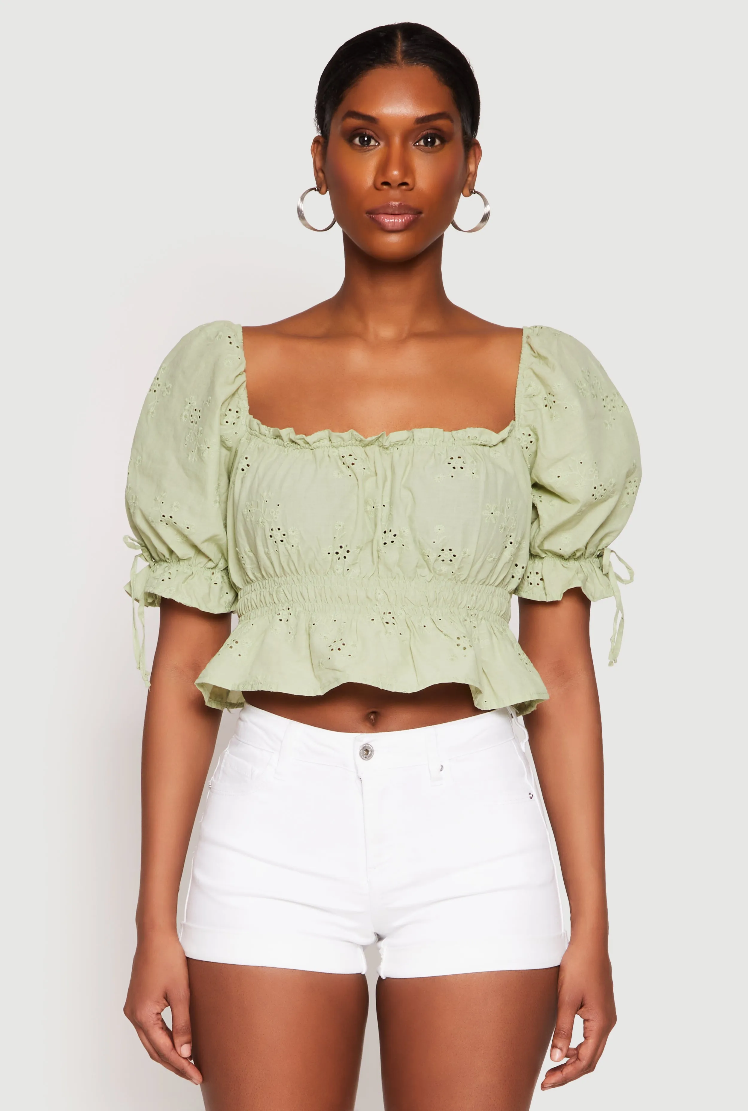 Eyelet Puff Sleeve Peplum Crop Top sold by Rainbow product image thumbnail 2